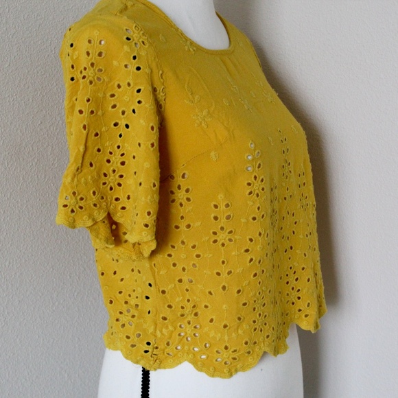 Mustard Yellow Eyelet Embroidery Scalloped Hem Top - Picture 4 of 9